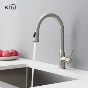 KIBI USA C-KKF2005-KSD100 Napa 16 1/4 Inch Single Hole Deck Mount High Arc Pull-Out Single Level Lead Free Brass Kitchen Faucet with Sprayer and Soap Dispenser