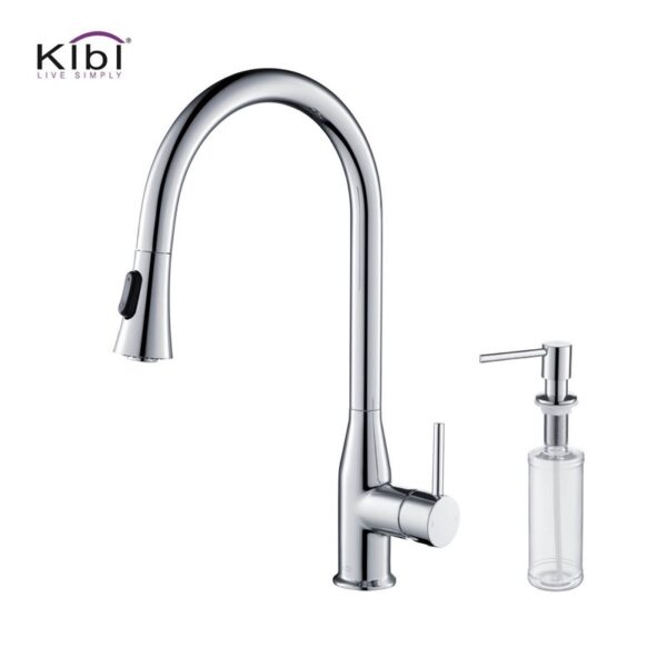 KIBI USA C-KKF2005-KSD100 Napa 16 1/4 Inch Single Hole Deck Mount High Arc Pull-Out Single Level Lead Free Brass Kitchen Faucet with Sprayer and Soap Dispenser