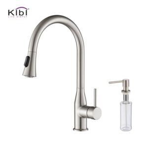 KIBI USA C-KKF2005-KSD100 Napa 16 1/4 Inch Single Hole Deck Mount High Arc Pull-Out Single Level Lead Free Brass Kitchen Faucet with Sprayer and Soap Dispenser