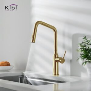 KIBI USA C-KKF2007-KSD100 Macon 17 1/8 Inch Single Hole Deck Mount Brass High Arc Single Level Kitchen Faucet with Pull-Out Sprayer and Soap Dispenser