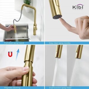 KIBI USA C-KKF2007-KSD100 Macon 17 1/8 Inch Single Hole Deck Mount Brass High Arc Single Level Kitchen Faucet with Pull-Out Sprayer and Soap Dispenser