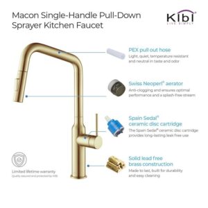 KIBI USA C-KKF2007-KSD100 Macon 17 1/8 Inch Single Hole Deck Mount Brass High Arc Single Level Kitchen Faucet with Pull-Out Sprayer and Soap Dispenser