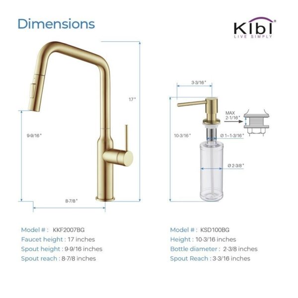 KIBI USA C-KKF2007-KSD100 Macon 17 1/8 Inch Single Hole Deck Mount Brass High Arc Single Level Kitchen Faucet with Pull-Out Sprayer and Soap Dispenser