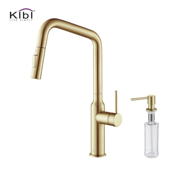 KIBI USA C-KKF2007-KSD100 Macon 17 1/8 Inch Single Hole Deck Mount Brass High Arc Single Level Kitchen Faucet with Pull-Out Sprayer and Soap Dispenser