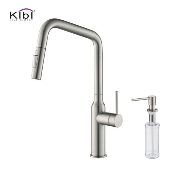 KIBI USA C-KKF2007-KSD100 Macon 17 1/8 Inch Single Hole Deck Mount Brass High Arc Single Level Kitchen Faucet with Pull-Out Sprayer and Soap Dispenser