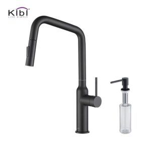 KIBI USA C-KKF2007-KSD100 Macon 17 1/8 Inch Single Hole Deck Mount Brass High Arc Single Level Kitchen Faucet with Pull-Out Sprayer and Soap Dispenser