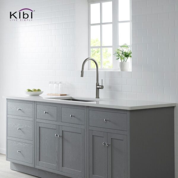 KIBI USA C-KKF2008-KSD100 Hilo 17 Inch Single Hole Deck Mount High Arc Pull-Out Single Level Lead Free Brass Kitchen Faucet with Sprayer and Soap Dispenser