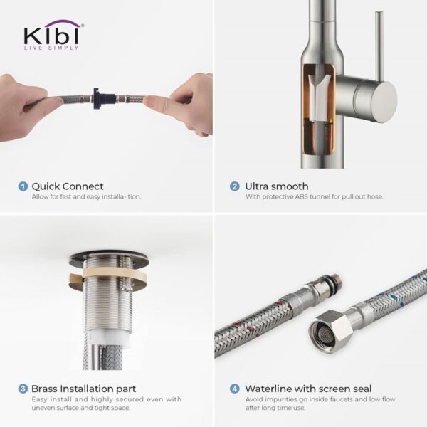 KIBI USA C-KKF2008-KSD100 Hilo 17 Inch Single Hole Deck Mount High Arc Pull-Out Single Level Lead Free Brass Kitchen Faucet with Sprayer and Soap Dispenser