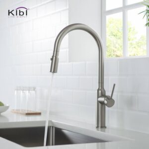 KIBI USA C-KKF2008-KSD100 Hilo 17 Inch Single Hole Deck Mount High Arc Pull-Out Single Level Lead Free Brass Kitchen Faucet with Sprayer and Soap Dispenser