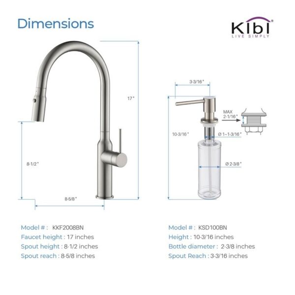 KIBI USA C-KKF2008-KSD100 Hilo 17 Inch Single Hole Deck Mount High Arc Pull-Out Single Level Lead Free Brass Kitchen Faucet with Sprayer and Soap Dispenser