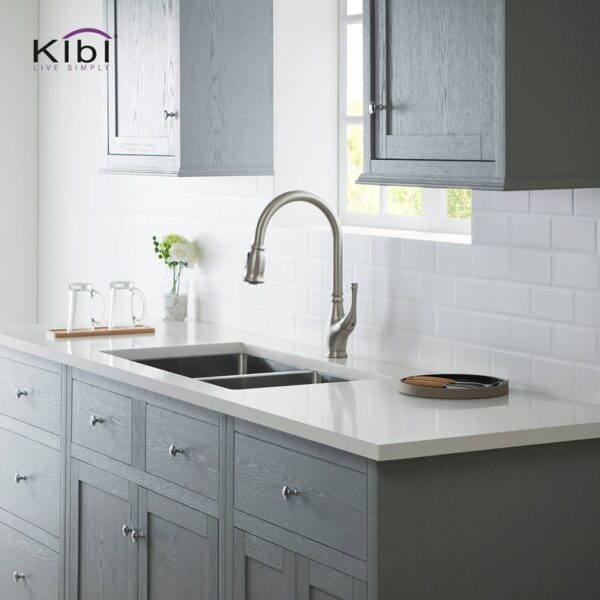 KIBI USA C-KKF2009-KSD101 Summit 16 3/8 Inch Single Hole Deck Mount High Arc Pull-Out Single Level Lead Free Brass Kitchen Faucet with Sprayer and Soap Dispenser