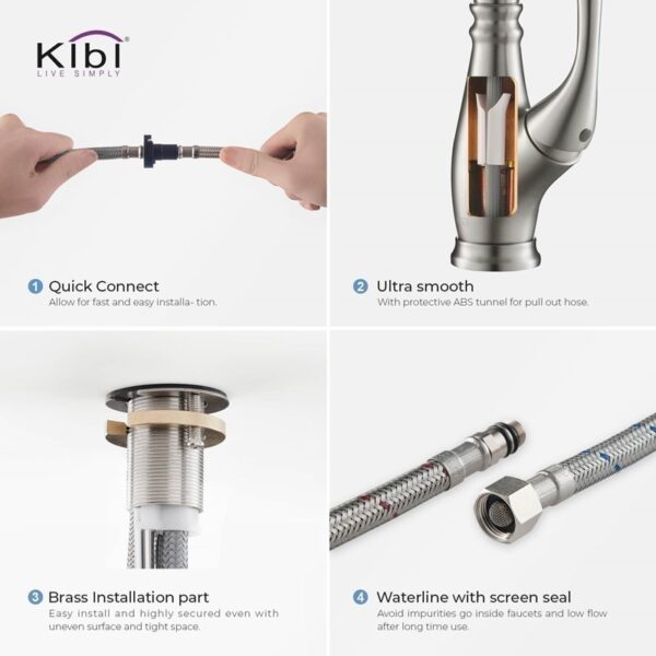 KIBI USA C-KKF2009-KSD101 Summit 16 3/8 Inch Single Hole Deck Mount High Arc Pull-Out Single Level Lead Free Brass Kitchen Faucet with Sprayer and Soap Dispenser