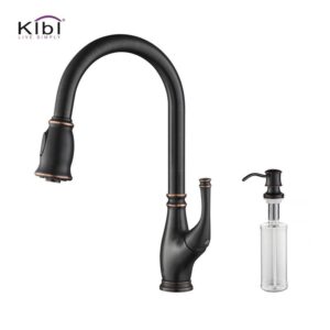 KIBI USA C-KKF2009-KSD101 Summit 16 3/8 Inch Single Hole Deck Mount High Arc Pull-Out Single Level Lead Free Brass Kitchen Faucet with Sprayer and Soap Dispenser