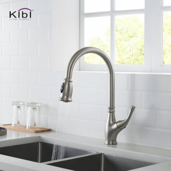 KIBI USA C-KKF2009-KSD101 Summit 16 3/8 Inch Single Hole Deck Mount High Arc Pull-Out Single Level Lead Free Brass Kitchen Faucet with Sprayer and Soap Dispenser