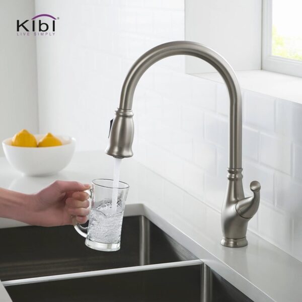 KIBI USA C-KKF2009-KSD101 Summit 16 3/8 Inch Single Hole Deck Mount High Arc Pull-Out Single Level Lead Free Brass Kitchen Faucet with Sprayer and Soap Dispenser