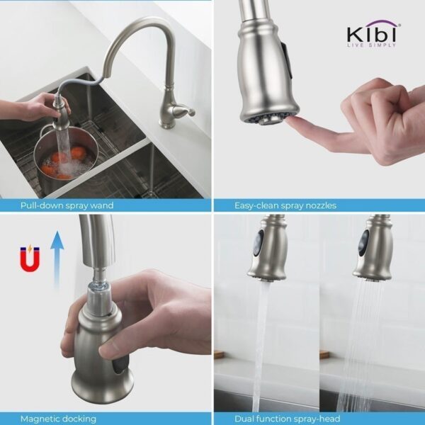 KIBI USA C-KKF2009-KSD101 Summit 16 3/8 Inch Single Hole Deck Mount High Arc Pull-Out Single Level Lead Free Brass Kitchen Faucet with Sprayer and Soap Dispenser