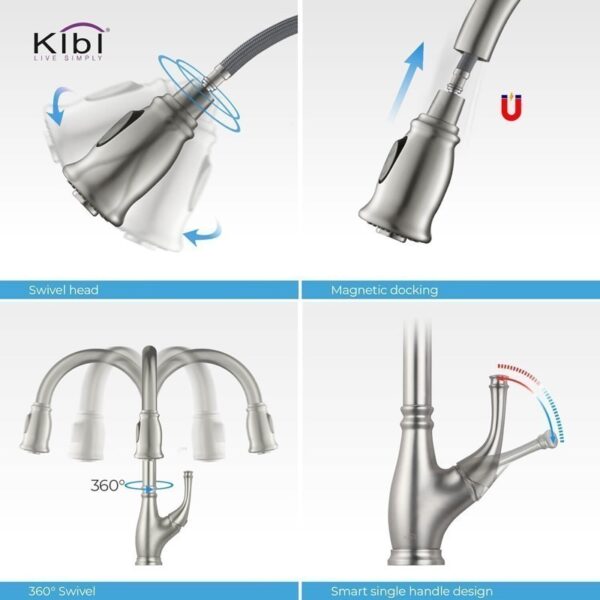 KIBI USA C-KKF2009-KSD101 Summit 16 3/8 Inch Single Hole Deck Mount High Arc Pull-Out Single Level Lead Free Brass Kitchen Faucet with Sprayer and Soap Dispenser