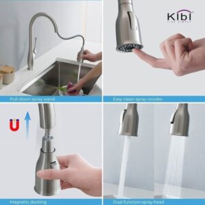 KIBI USA C-KKF2010-KSD101 Cedar 16 3/4 Inch Single Hole Deck Mount High Arc Pull-Out Single Level Lead Free Brass Kitchen Faucet with Sprayer and Soap Dispenser