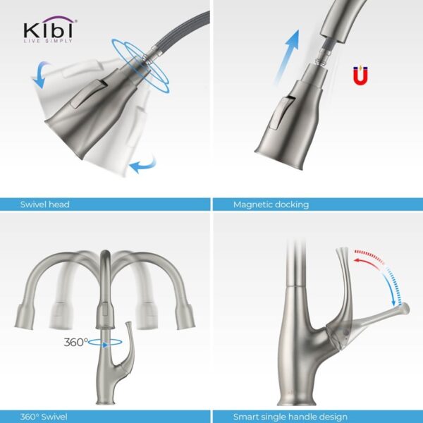 KIBI USA C-KKF2010-KSD101 Cedar 16 3/4 Inch Single Hole Deck Mount High Arc Pull-Out Single Level Lead Free Brass Kitchen Faucet with Sprayer and Soap Dispenser