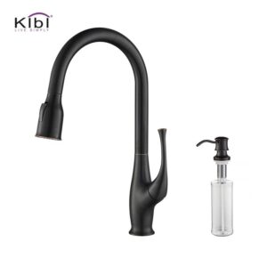 KIBI USA C-KKF2010-KSD101 Cedar 16 3/4 Inch Single Hole Deck Mount High Arc Pull-Out Single Level Lead Free Brass Kitchen Faucet with Sprayer and Soap Dispenser