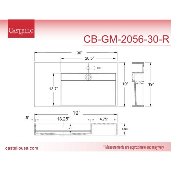 Castello USA CB-GM-2056-30-R Juniper 30 Inch Right Wall Mounted Vessel Bathroom Sink