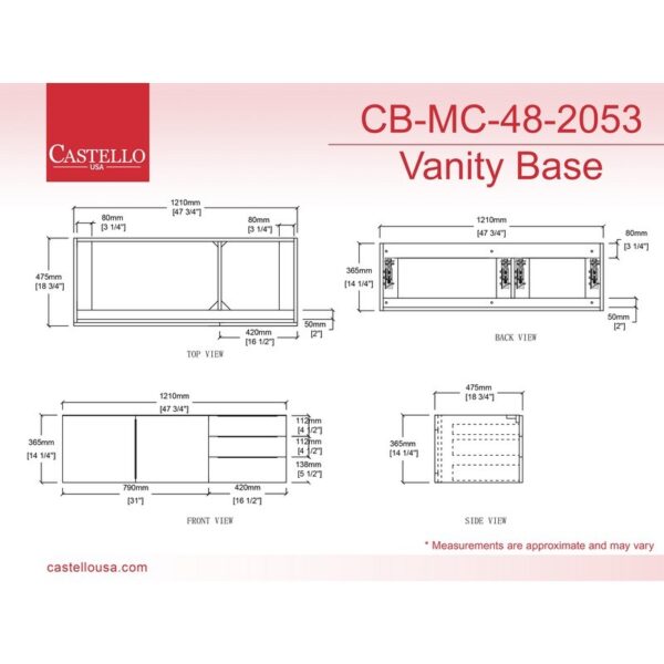 Castello USA CB-NILE-48W-SET Nile 47 3/4 Inch White Vanity Set with Top