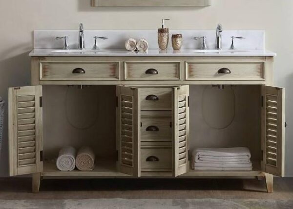 Chans Furniture CF-88324W-60 Abbeville 60 Inch Distressed Beige Bathroom Double Sink Vanity