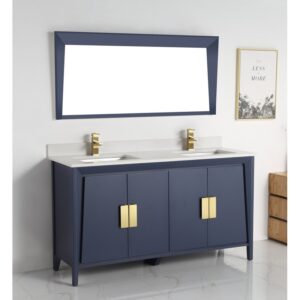 Chans Furniture CL-22NB60-QT 60 Inches Larvotto Contemporary Double Sink Bathroom Vanity In Navy Blue