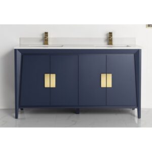 Chans Furniture CL-22NB60-QT 60 Inches Larvotto Contemporary Double Sink Bathroom Vanity In Navy Blue