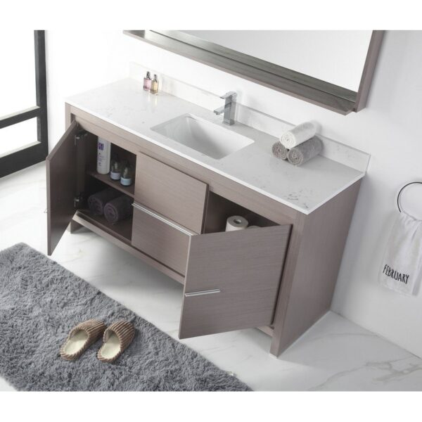 Chans Furniture CL10-GO60-QZ 60 Inch Tennant Brand VIARA Modern Style Bathroom Sink Vanity with Quartz Counter Top in Gray Oak