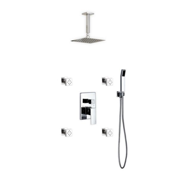 Kubebath KB CR2004JHH3V Aqua Piazza Shower Set with 8 Inch Ceiling Mount Square Rain Shower, Handheld and 4 Body Jets