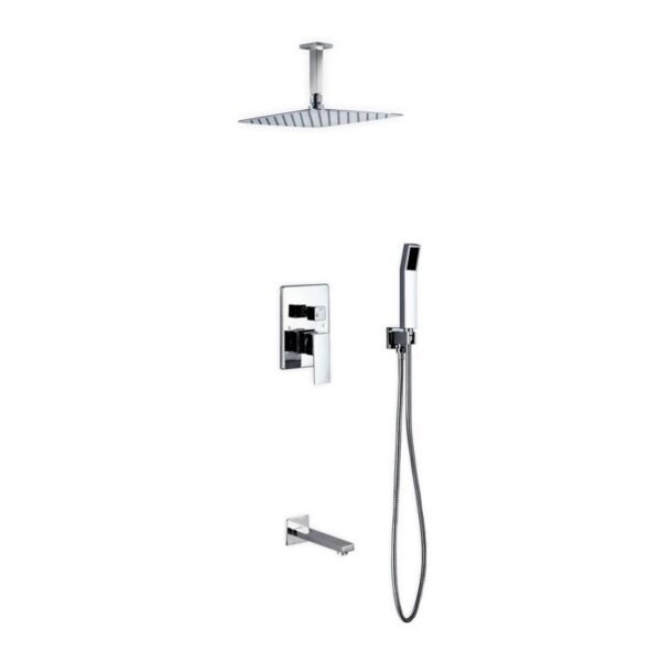 Kubebath KB CR300HHTF3V Aqua Piazza Shower Set with 12 Inch Ceiling Mount Square Rain Shower, Handheld and Tub Filler