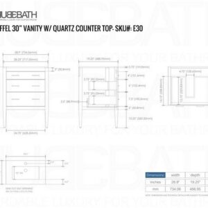 Kubebath E30-GW Eiffel 30 Inch High Gloss White Vanity with Quartz Counter Top