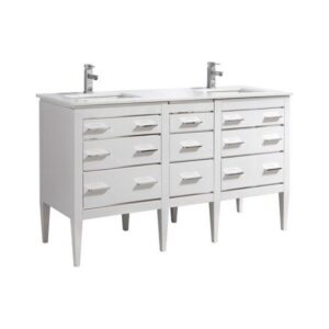 Kubebath E60-GW Eiffel 60 Inch Double Sink High Gloss White Vanity with Quartz Counter Top