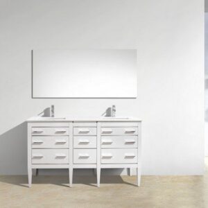 Kubebath E60-GW Eiffel 60 Inch Double Sink High Gloss White Vanity with Quartz Counter Top