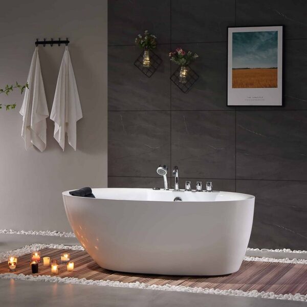 Empava EMPV-59AIS12 59 x 31 1/2 Inch Whirlpool Freestanding Acrylic Oval Bathtub with Tub Filler - White