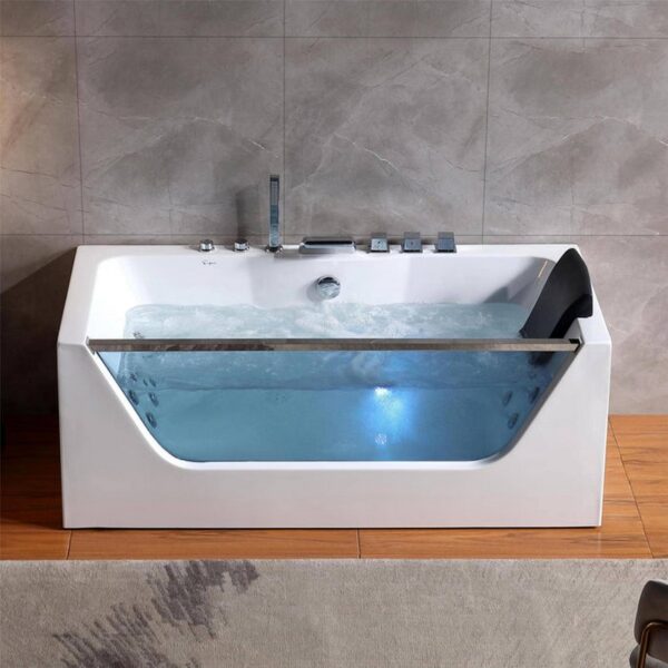 Empava EMPV-59JT408LED 59 1/2 x 29 1/2 Inch Whirlpool Waterfall Faucet Hydromassage Bathtub with Tub Filler - White