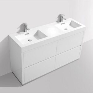 Kubebath FMB60D-GW Bliss 60 Inch Double Sink High Gloss White Free Standing Modern Bathroom Vanity