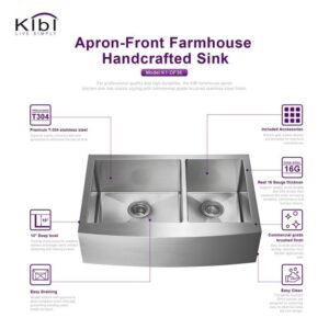 KIBI USA K1-DF36 36 Inch Handcrafted Farmhouse Apron Double Bowl Real 16 Gauge Stainless Steel Kitchen Sink with Strainer and Grid