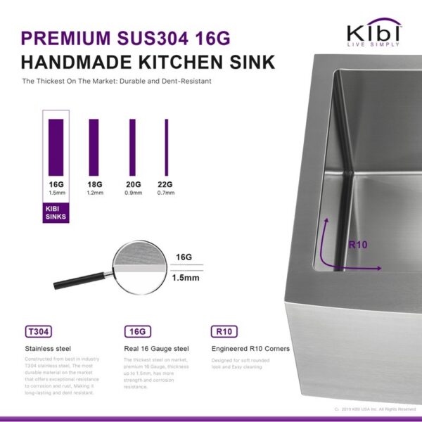 KIBI USA K1-DF36 36 Inch Handcrafted Farmhouse Apron Double Bowl Real 16 Gauge Stainless Steel Kitchen Sink with Strainer and Grid