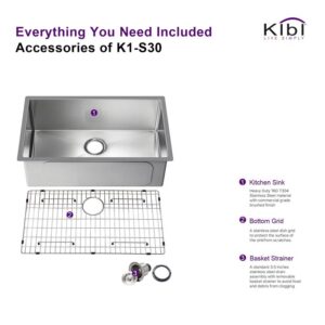 KIBI USA K1-S30 30 Inch Handcrafted Undermount Single Bowl Stainless Steel Kitchen Sink