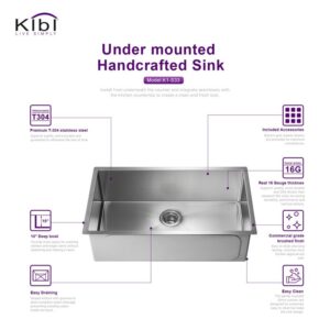 KIBI USA K1-S33 32 3/4 Inch Handcrafted Undermount Single Bowl Stainless Steel Kitchen Sink