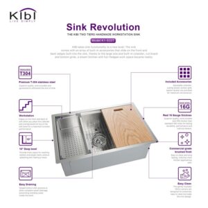 KIBI USA K1-S33T 32 3/4 Inch Handcrafted Single Bowl 16 Gauge Stainless Steel Undermount Sink Set