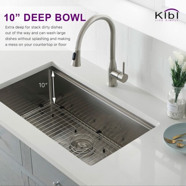 KIBI USA K1-S33T 32 3/4 Inch Handcrafted Single Bowl 16 Gauge Stainless Steel Undermount Sink Set