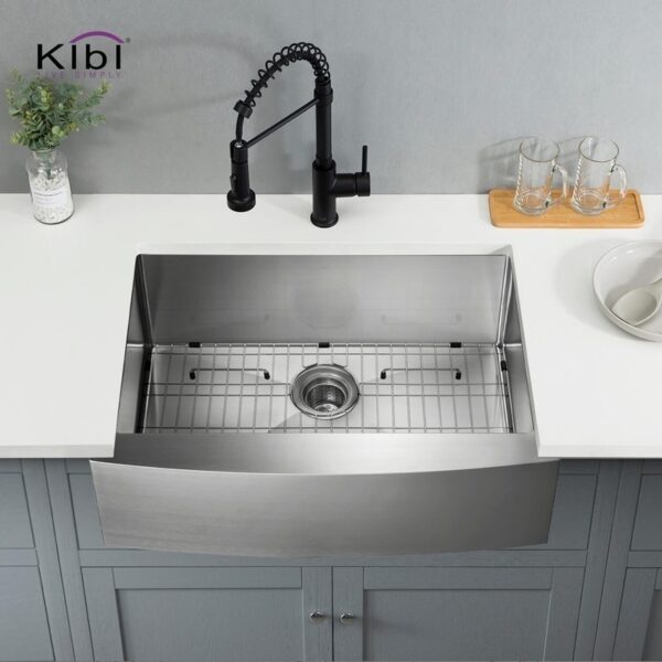 KIBI USA K1-SF30 30 Inch Handcrafted Farmhouse Apron Single Bowl Real 16 Gauge Stainless Steel Kitchen Sink with Strainer and Grid