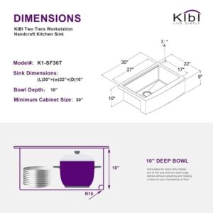 KIBI USA K1-SF30T 30 Inch Handcrafted Farmhouse Apron Single Bowl Stainless Steel Kitchen Sink Set