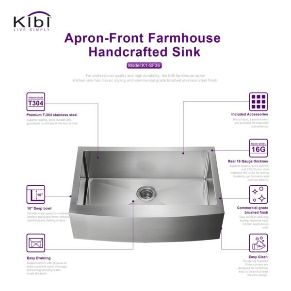 KIBI USA K1-SF36 36 Inch Handcrafted Farmhouse Apron Single Bowl Real 16 Gauge Stainless Steel Kitchen Sink with Strainer and Grid