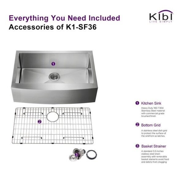 KIBI USA K1-SF36 36 Inch Handcrafted Farmhouse Apron Single Bowl Real 16 Gauge Stainless Steel Kitchen Sink with Strainer and Grid