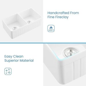 KIBI USA K2-DF33PI Pillar 33 Inch Fireclay Farmhouse Undermount Double Kitchen Sink with Bottom Grid and Strainer - White