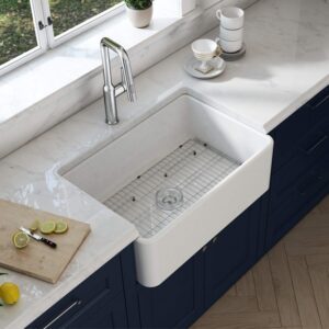 KIBI USA K2-SF30 Landis 30 Inch Fireclay Farmhouse Undermount Kitchen Sink with Bottom Grid and Strainer - White